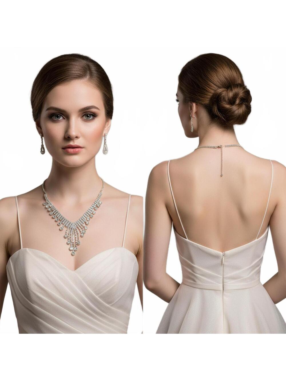 Rhinestone Bridal Necklace Earrings Set Silver Tone Dangle Chandelier